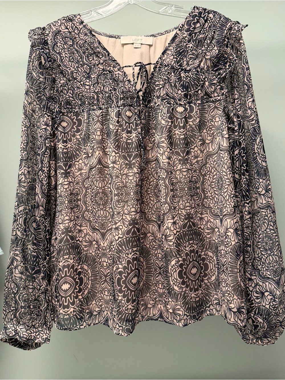 LOFT Navy and Cream Paisley Smocked Peasant Top